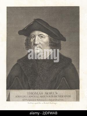 Porträt von Sir Thomas More, 1478-1535. Englischer Anwalt, Richter,[9] Sozialphilosoph, Autor, Staatsmann und bekannter Renaissance-Humanist. Lord High Chancellor von England unter König Heinrich VIII. Thomas Morus, Angliae Cancellarius sub Henrico VIII. Kupferstich von Bartholomaus Hubner nach einem Porträt von Hans Holbein in Christian von Mechels Werk de Jean Holbein, chec Guillaume Haas, Basel, 1790. Stockfoto