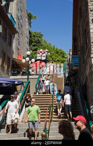 Touristen auf der Escalier Casse-Cou oder halsbrecherische Treppen in Englisch, Unterstadt, Altstadt von Quebec, Quebec, Kanada. Stockfoto