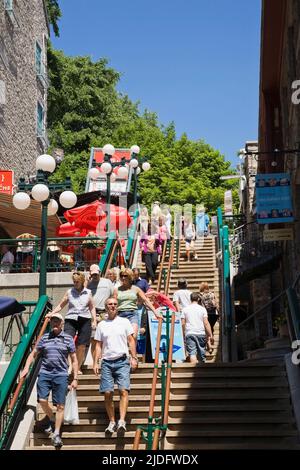 Touristen auf der Escalier Casse-Cou oder halsbrecherische Treppen in Englisch, Unterstadt, Altstadt von Quebec, Quebec, Kanada. Stockfoto