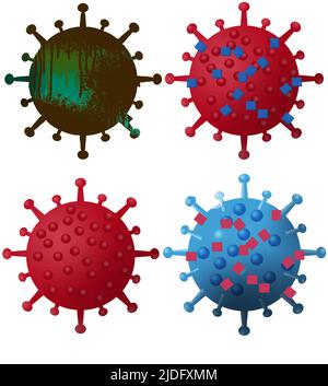 Vier verschiedene Covid-19-Coronvirus-Partikel werden als 3-d-Illustrationen auf Weiß isoliert gesehen, um sie als grafische Ressource zu verwenden. Stockfoto