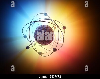 3D-Darstellung. Die Kernenergie, nukleare Reaktion oder nukleare Energie, Wärme erzeugen in einem Konzept Bild eines nuklearen atomaren Modell. Stockfoto