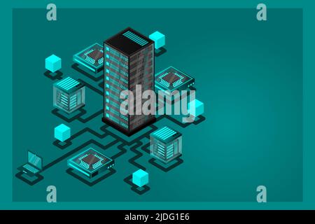 Konzept der Datennetzwerkverwaltung .Vector isometrische Karte mit Business Netzwerkserver Computer und Geräte.Cloud-Speicherdaten und Synchronisation Stock Vektor