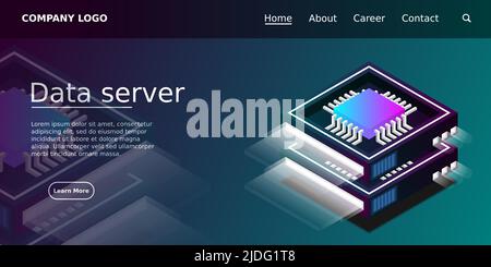 Banner im Serverraum, Webhosting und Verarbeitung von Big-Data-Konzept, isometrische Vektordarstellung Stock Vektor