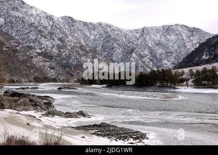 Eine Lichtung im gefrorenen Bett eines schönen Flusses, umgeben von schneebedeckten Bergen. Katun-Fluss, Altai, Sibirien, Russland. Stockfoto