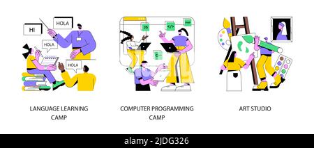 Erwerben Sie Kenntnisse und Fähigkeiten abstraktes Konzept Vektor Illustration Set. Sprachen lernen und Computer-Programmierung Camp, Kunststudio, Muttersprachler, kreativen Raum, Malerei Lektion abstrakte Metapher. Stock Vektor
