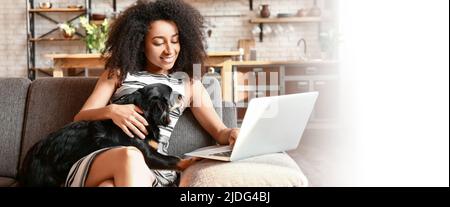Schöne afroamerikanische Frau mit niedlichem Hund und Laptop zu Hause arbeiten. Banner für Design Stockfoto