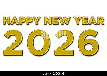 Frohes neues Jahr 2026 Illustration in gelber Farbe Text auf weißem Hintergrund Stockfoto