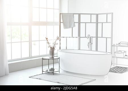Neues Interieur des modernen Badezimmers mit stilvoller Badewanne, Klappbildschirm und großem Fenster Stockfoto