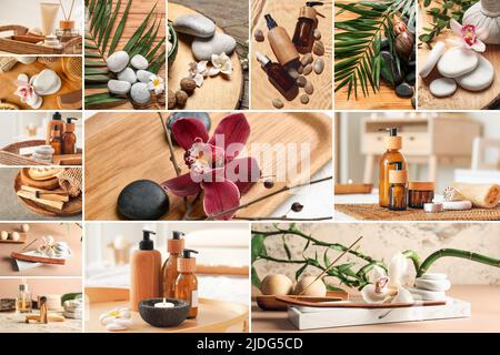Wunderschöne Spa-Collage mit Massagesteinen, Blumen und Kosmetik Stockfoto