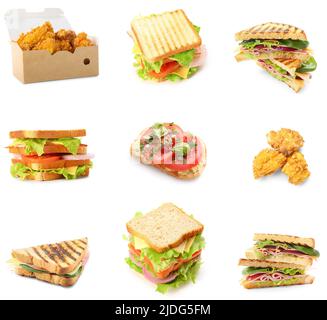 Set von verschiedenen leckeren Fast Food isoliert auf weiß Stockfoto