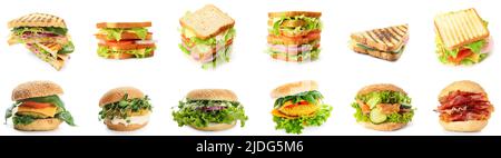 Set aus verschiedenen Sandwiches und Burgern auf weiß isoliert Stockfoto