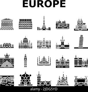 Europa Monument Bau Icons Set Vector Stock Vektor