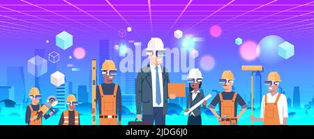 Architekten und Ingenieure arbeiten mit Helmen zusammen, die eine digitale Brille tragen. Vr Vision Headset Innovation Concept Horizontal Portrait Vector Stock Vektor