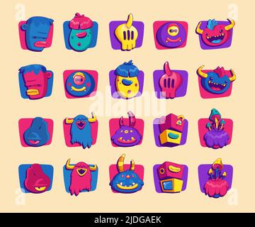 Moderne Avatare mit lustigen Comic-Kreaturen in quadratischen Rahmen. Vektor-Set von fremden pelzigen Tieren mit Zähnen, Hörnern, Pilzen und Pyramide auf dem Kopf in trendigen Art-Stil Stock Vektor