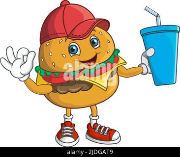 Cartoon Hamburger in roter Kappe mit einer Tasse Limonade Stock Vektor