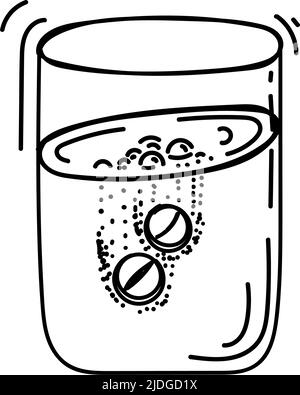 Ein Glas auflösende Tabletten. Hygienisches Mittel, handgezeichnet mit Elementen des Karamells. Kohlensäurehaltige Tabletten. Aspirin. Schmerzen. Auflösen. Medikamente. Painkill Stock Vektor