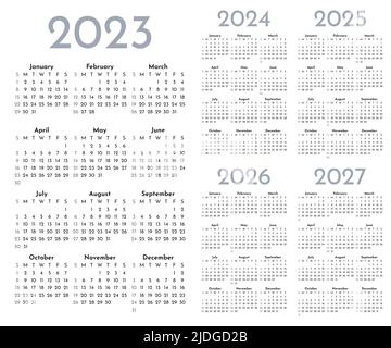 Satz monochromer Monatskalender-Vorlagen für 2023, 2024, 2025, 2026, 2027 Jahre. Die Woche beginnt am Sonntag. Seitenlayout-Kalender in einem minimalistischen Stil Stock Vektor