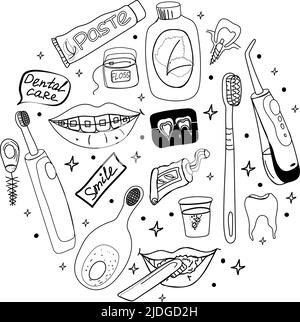 Schablone aus Hygieneprodukten, handgezeichnete Doodle-Elemente. Werkzeuge und Produkte für die Mundhygiene. Zahnpasten, Bürsten, Zahnbürsten und Smiley-Gesichter w Stock Vektor