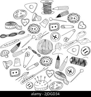 Vorlage für handgemachte Typografie Thema. Vektorgrafik. Nähkollektion. Handgemachte Karikatur verschiedene Elemente der Skizze: Stickerei, Knopf, Stock Vektor