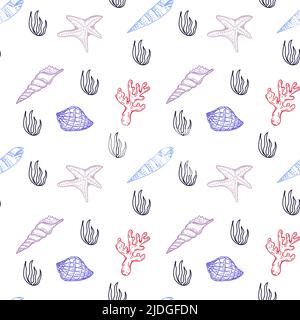 Nahtloses Muster, handgezeichnete Meerestiere im Sketch-Stil. Muscheln, Seesterne und Algen. Monochrome Farbpalette. Weißer Hintergrund. Isoliert. Sommer. Ocea Stock Vektor