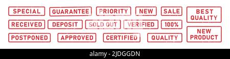 Grunge Worte genehmigt, erhalten, verkauft Gummistempel. Garantie, Verkauf, Sonderschild Aufkleber Set. Grunge rotes Vintage Square Label. Vektorgrafik Stock Vektor