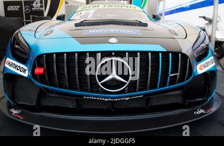 Mercedes AMG GT Racing blau Supercar Logo Detail Vorderansicht. Imola, Italien, juni 17 2022. DTM Stockfoto