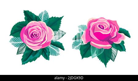 Die blühende Rose mit ein paar kleinen Blumen. Botanische Vektordarstellung. Ehrfürchtiges Blumenstrauß. Vektorgrafik. Stock Vektor