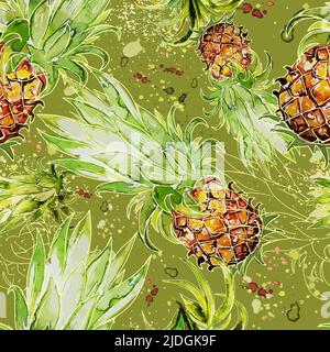 Ananas Aquarell Frisch Vektor Nahtloses Muster Textildesign Stock Vektor