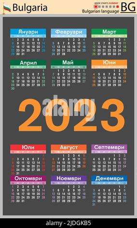 Bulgarischer vertikaler Taschenkalender für 2023 (zweitausend dreiundzwanzig). Die Woche beginnt am Sonntag. Neues Jahr. Farbe einfaches Design. Vektor Stock Vektor