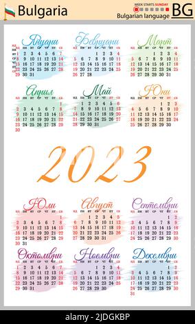 Bulgarischer vertikaler Taschenkalender für 2023 (zweitausend dreiundzwanzig). Die Woche beginnt am Sonntag. Neues Jahr. Farbe einfaches Design. Vektor Stock Vektor