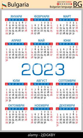 Bulgarischer vertikaler Taschenkalender für 2023 (zweitausend dreiundzwanzig). Die Woche beginnt am Sonntag. Neues Jahr. Farbe einfaches Design. Vektor Stock Vektor
