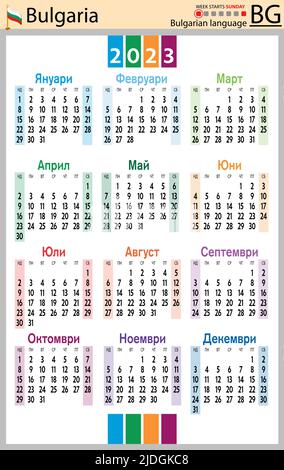 Bulgarischer vertikaler Taschenkalender für 2023 (zweitausend dreiundzwanzig). Die Woche beginnt am Sonntag. Neues Jahr. Farbe einfaches Design. Vektor Stock Vektor