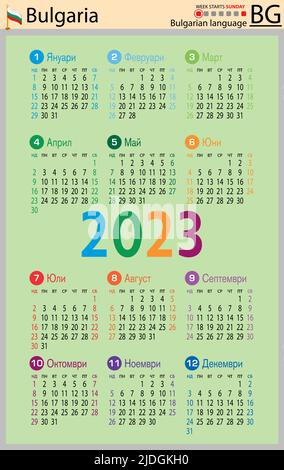 Bulgarischer vertikaler Taschenkalender für 2023 (zweitausend dreiundzwanzig). Die Woche beginnt am Sonntag. Neues Jahr. Farbe einfaches Design. Vektor Stock Vektor