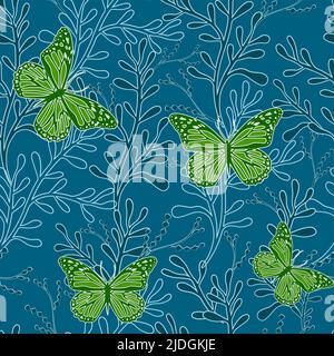 Silhouetten aus identischen Blättern nahtloses Muster mit grünen Schmetterlingen. Vektorgrafik handgezeichnete Illustration Stock Vektor