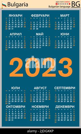 Bulgarischer vertikaler Taschenkalender für 2023 (zweitausend dreiundzwanzig). Die Woche beginnt am Sonntag. Neues Jahr. Farbe einfaches Design. Vektor Stock Vektor