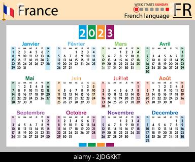 Französischer horizontaler Taschenkalender für 2023 (zweitausend dreiundzwanzig). Die Woche beginnt am Sonntag. Neues Jahr. Farbe einfaches Design. Vektor Stock Vektor