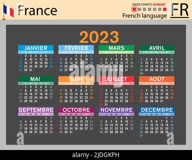 Französischer horizontaler Taschenkalender für 2023 (zweitausend dreiundzwanzig). Die Woche beginnt am Sonntag. Neues Jahr. Farbe einfaches Design. Vektor Stock Vektor