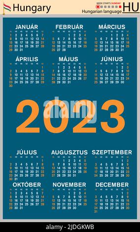 Ungarischer vertikaler Taschenkalender für 2023 (zweitausend dreiundzwanzig). Die Woche beginnt am Sonntag. Neues Jahr. Farbe einfaches Design. Vektor Stock Vektor