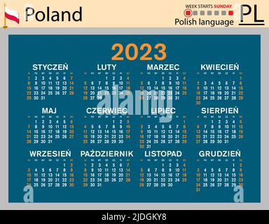 Polnischer horizontaler Taschenkalender für 2023 (zweitausend dreiundzwanzig). Die Woche beginnt am Sonntag. Neues Jahr. Farbe einfaches Design. Vektor Stock Vektor