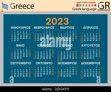 Griechischer horizontaler Taschenkalender für 2023 (zweitausend dreiundzwanzig). Die Woche beginnt am Sonntag. Neues Jahr. Farbe einfaches Design. Vektor Stock Vektor