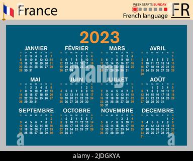 Französischer horizontaler Taschenkalender für 2023 (zweitausend dreiundzwanzig). Die Woche beginnt am Sonntag. Neues Jahr. Farbe einfaches Design. Vektor Stock Vektor