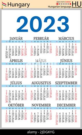 Ungarischer vertikaler Taschenkalender für 2023 (zweitausend dreiundzwanzig). Die Woche beginnt am Sonntag. Neues Jahr. Farbe einfaches Design. Vektor Stock Vektor