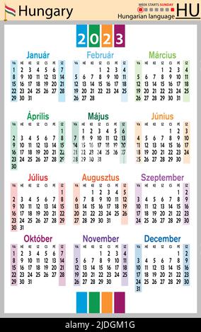 Ungarischer vertikaler Taschenkalender für 2023 (zweitausend dreiundzwanzig). Die Woche beginnt am Sonntag. Neues Jahr. Farbe einfaches Design. Vektor Stock Vektor