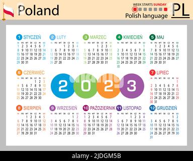 Polnischer horizontaler Taschenkalender für 2023 (zweitausend dreiundzwanzig). Die Woche beginnt am Sonntag. Neues Jahr. Farbe einfaches Design. Vektor Stock Vektor