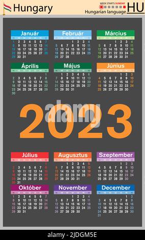 Ungarischer vertikaler Taschenkalender für 2023 (zweitausend dreiundzwanzig). Die Woche beginnt am Sonntag. Neues Jahr. Farbe einfaches Design. Vektor Stock Vektor