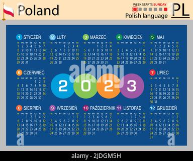 Polnischer horizontaler Taschenkalender für 2023 (zweitausend dreiundzwanzig). Die Woche beginnt am Sonntag. Neues Jahr. Farbe einfaches Design. Vektor Stock Vektor