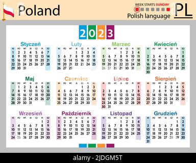 Polnischer horizontaler Taschenkalender für 2023 (zweitausend dreiundzwanzig). Die Woche beginnt am Sonntag. Neues Jahr. Farbe einfaches Design. Vektor Stock Vektor