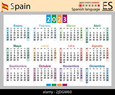 Spanischer horizontaler Taschenkalender für 2023 (zweitausend dreiundzwanzig). Die Woche beginnt am Sonntag. Neues Jahr. Farbe einfaches Design. Vektor Stock Vektor