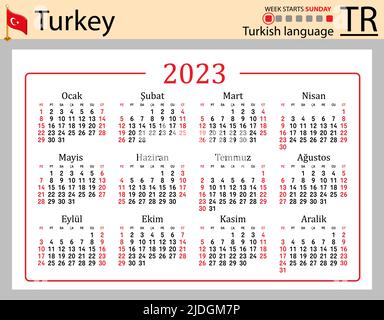 Türkischer horizontaler Taschenkalender für 2023 (zweitausend dreiundzwanzig). Die Woche beginnt am Sonntag. Neues Jahr. Farbe einfaches Design. Vektor Stock Vektor