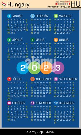 Ungarischer vertikaler Taschenkalender für 2023 (zweitausend dreiundzwanzig). Die Woche beginnt am Sonntag. Neues Jahr. Farbe einfaches Design. Vektor Stock Vektor